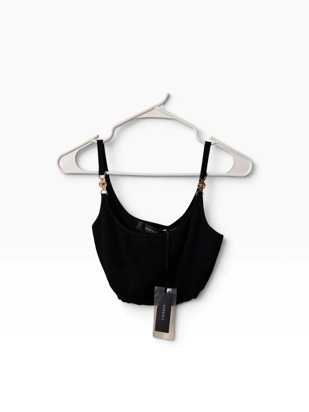 Versace Black Cropped Tank with Gold Medusa Head Straps